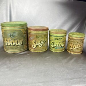 Vintage 70s Tin Canisters Set of 4 Nesting Fluffy Flour Sugar Coffee Tea Retro